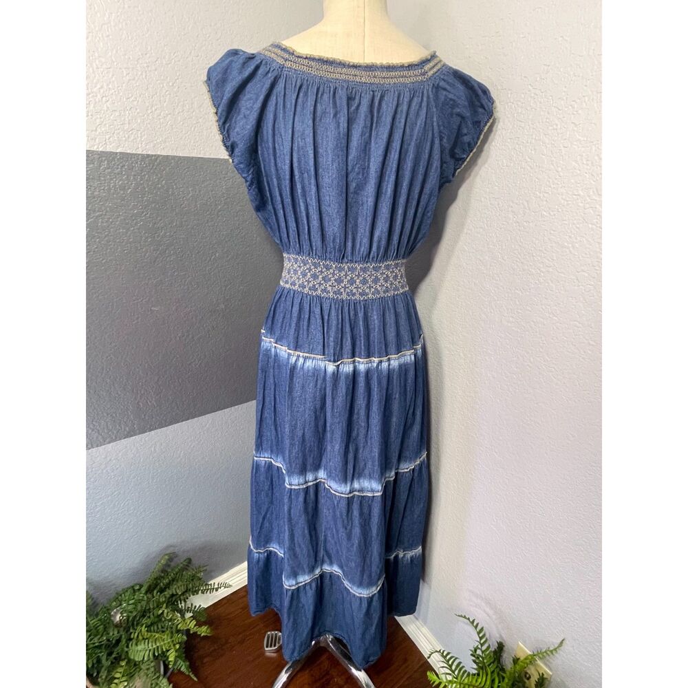 Indigo & Lace Blue Denim Look Tiered Smocked Peasant Maxi Dress XL - Picture 2 of 10